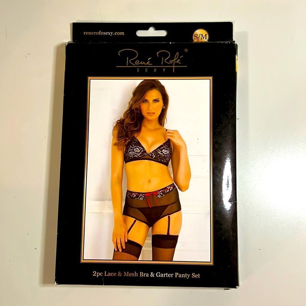 Rene Rofe 2 Piece Mesh Bra and Garter Panty Set